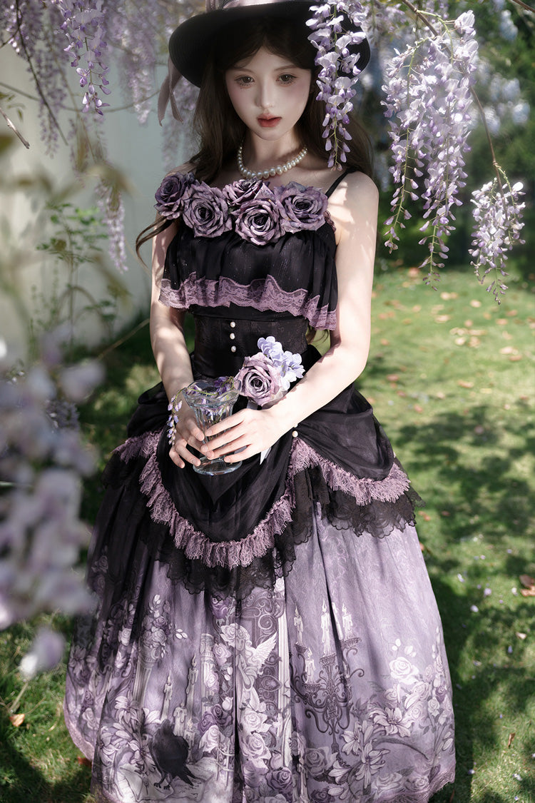 Black/Purple [Angel Garden] Sleeveless Print Ruffle Bowknot Lace Sweet Gothic Lolita Skirt Set