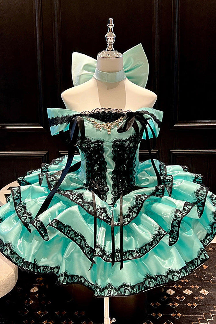 Robe gothique verte Lolita Jsk, épaules dénudées, multicouches, avec nœud à volants, lacets et détails de perles, [Poème Loveheart]