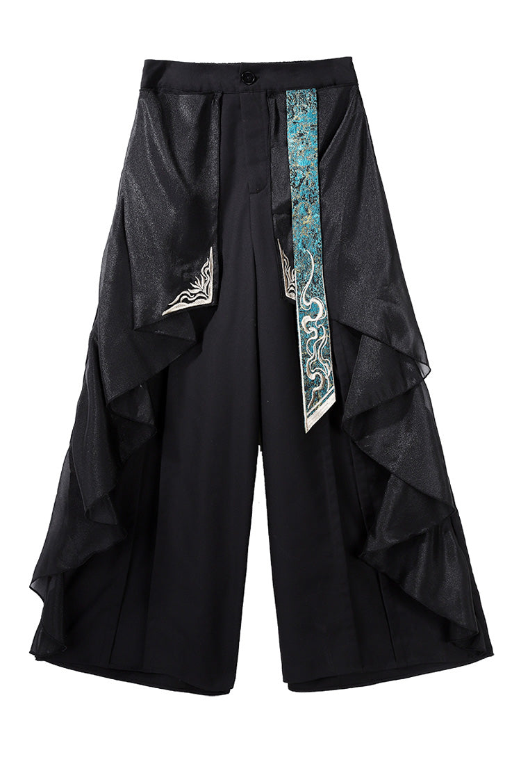 Schwarz/Grün Rundhals Langarm Rüschen Stickerei Chinesischer Stil Vintage Hübsches Ouji Lolita Set 