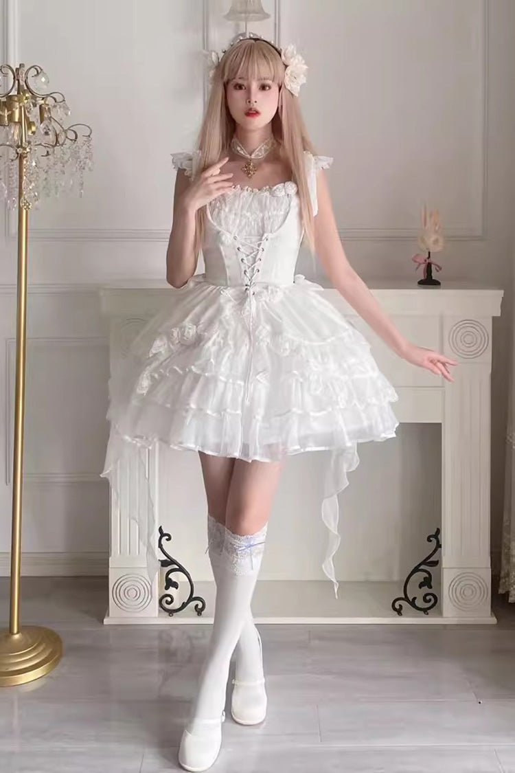 White Rose Multi-layer Ruffle Hanayome Stitching Lace Detachable Sweet Princess Lolita Tiered Dress