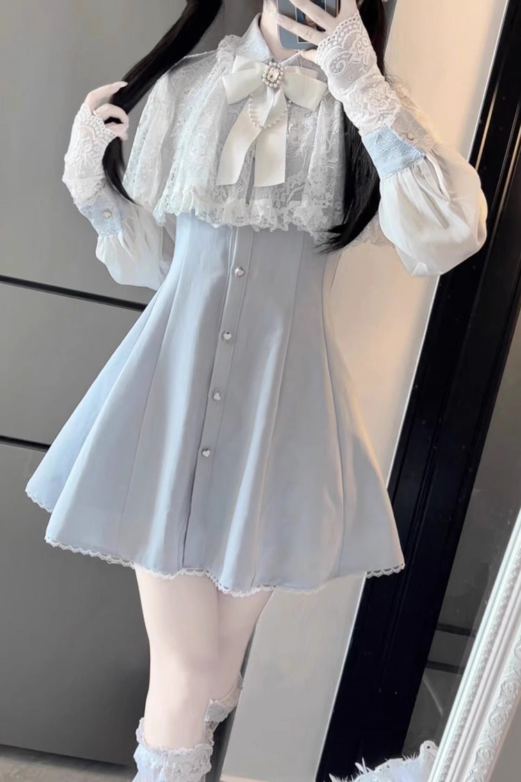 Aquamarines, langärmliges, schmales Jirai Kei-Kleid mit Schalkragen und Spitzen