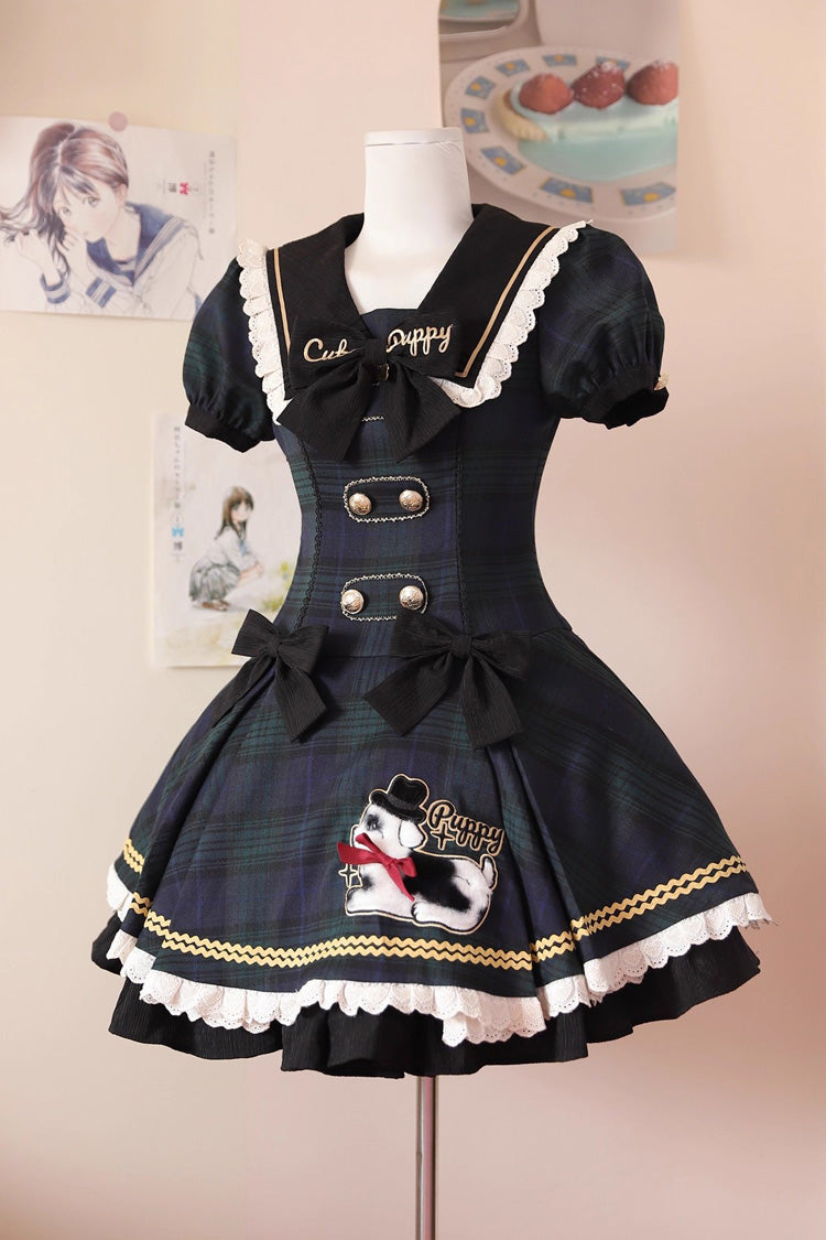 Blue [Dalmatian] Short Sleeves Print Ruffle Bowknot Slim Sweet Lolita Dress