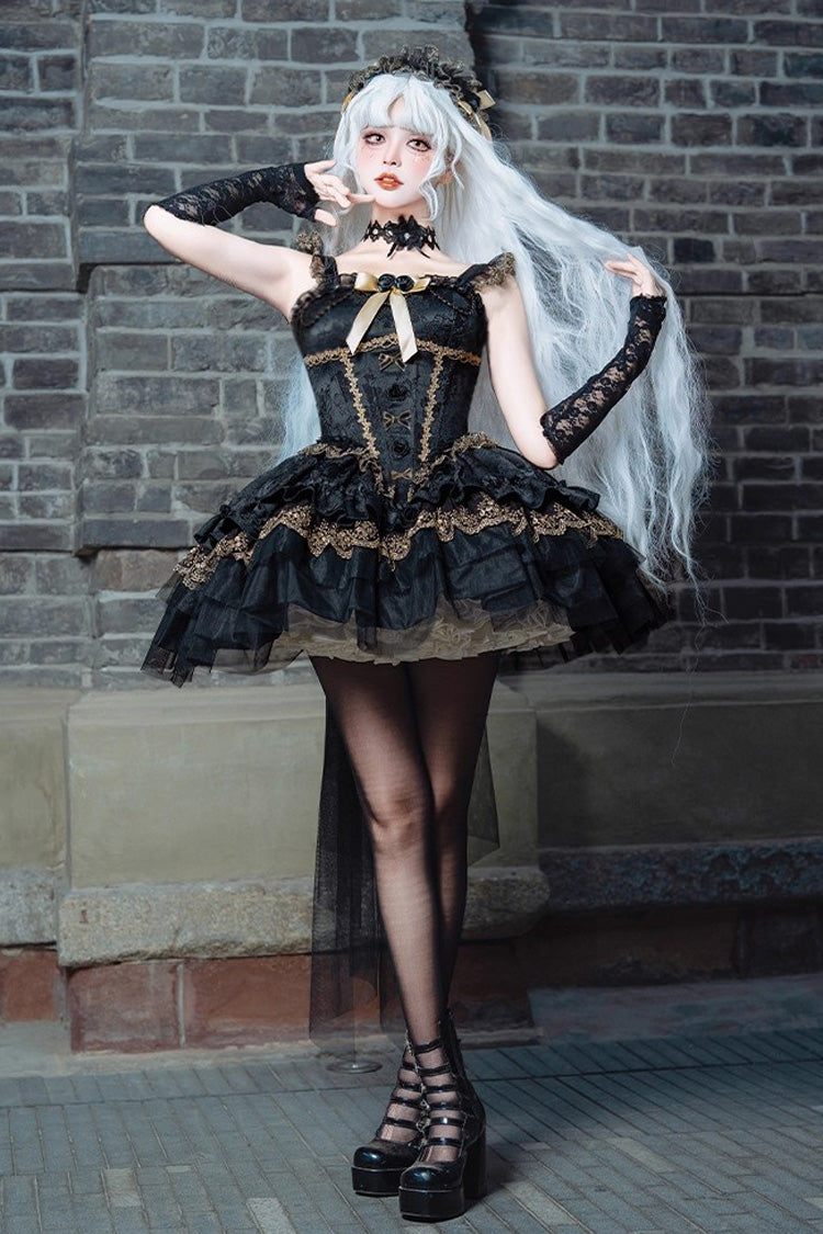 Black [Fleeting Light and Shallow Dream] Sleeveless Multi-Layered Ruffle Bowknot Lace Slim Gothic Ballet Lolita Jsk Dress