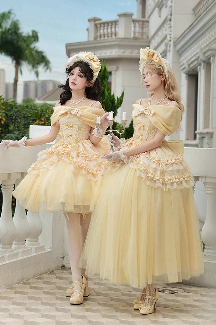 Yellow [Sissi's Pilgrimage] Off Shoulder Ruffle Bowknot Lace Sweet Lolita Skirt (Short Version)