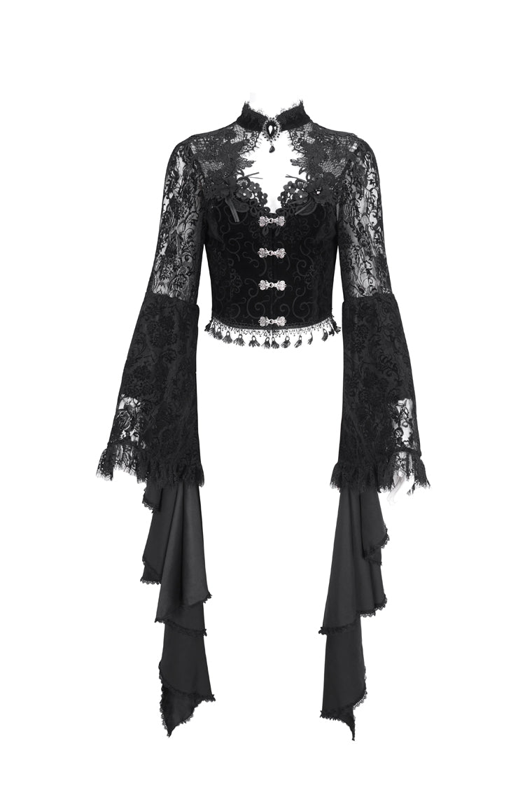Black Long Trumpet Sleeves Stitching Lace Women's Gothic Blouse