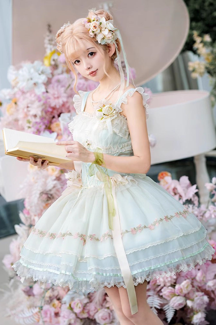 [Mist Champagne] Multi-Layered Ruffle Bowknot Lace Sweet Elegant Ballet Lolita Jsk Dress 3 Colors