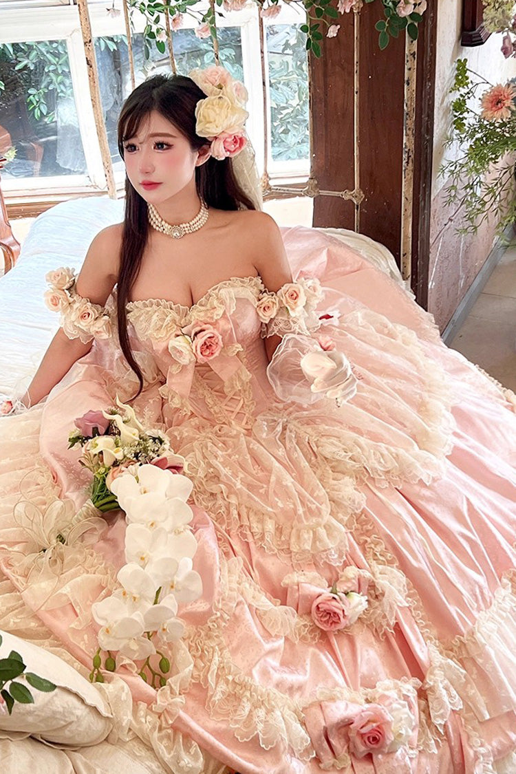 Pink [Love and Roses] Ruffle Hanayome Bowknot Lace Sweet Princess Lolita Jsk Dress