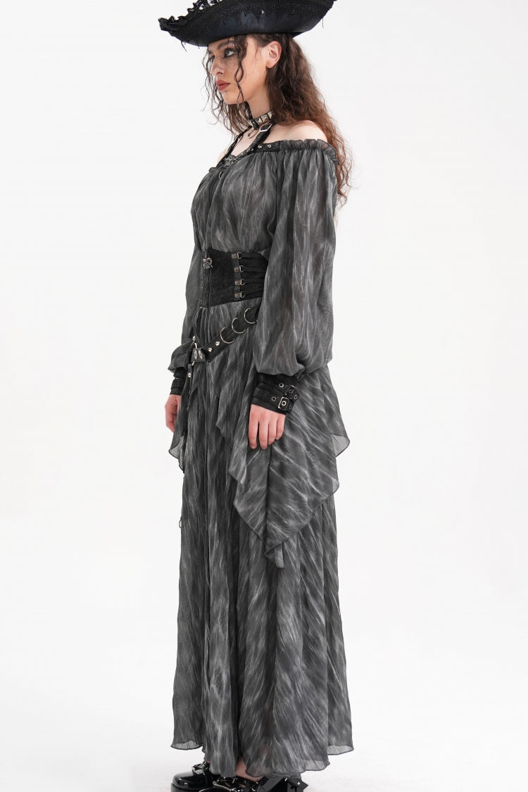 Graue Neckholder-Bluse mit Schnalle und langen Ärmeln für Damen im Gothic-Stil