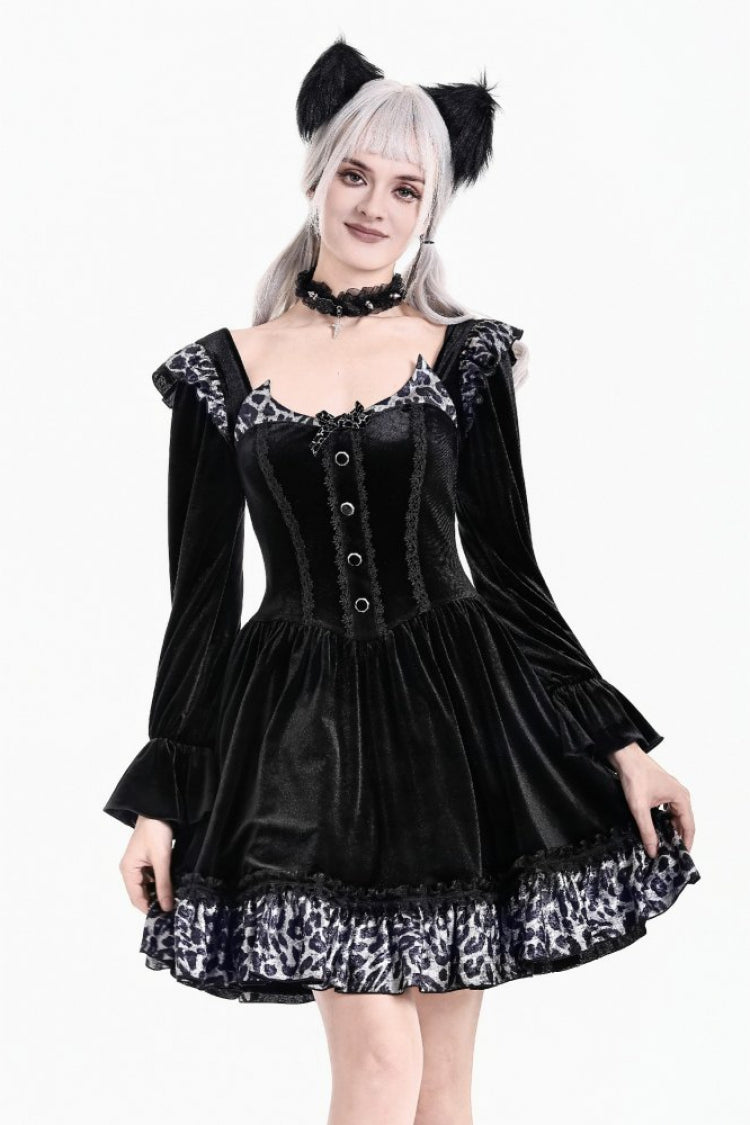 Black Square Neck Bishop Sleeves Leopard Print Ruffled Women's Gothic Velvet Short Dress