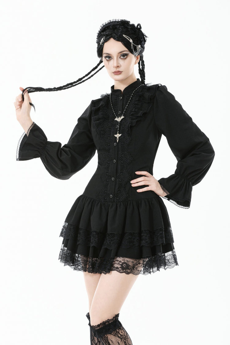 Black Long Bishop Sleeves Double-Layered Lace Hem Lace-Up Women's Gothic Dress