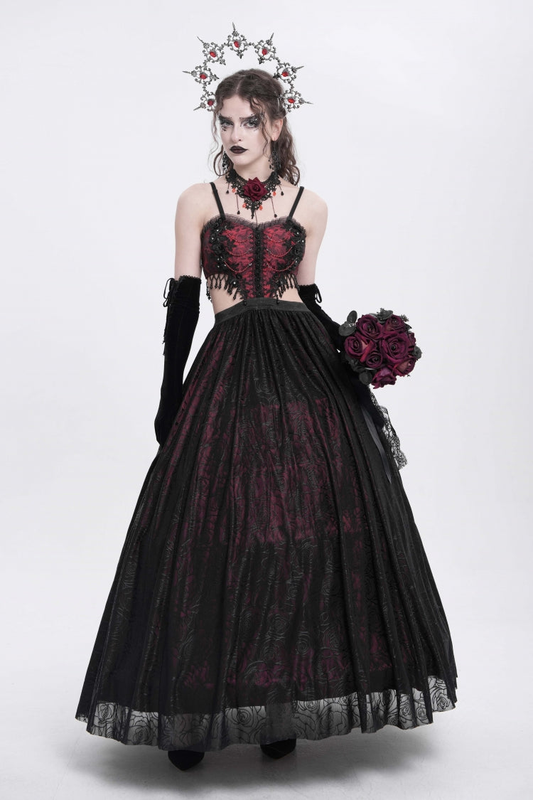 Rotes Jacquard-Kleid mit Blumenstickerei, zerrissene Gothic-Party-Unterkleid für Damen 