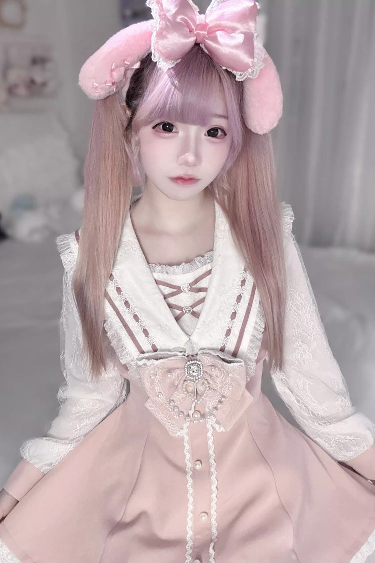Sweet Long Sleeves Print Bowknot Jirai Kei Japanese Dress Set 3 Colors