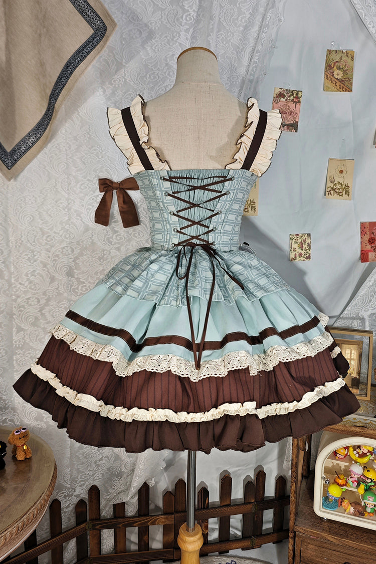 Green/Brown [Mint Chocolate] Sleeveless Triple-Layered Ruffle Bowknot Sweet Lolita Jsk Dress