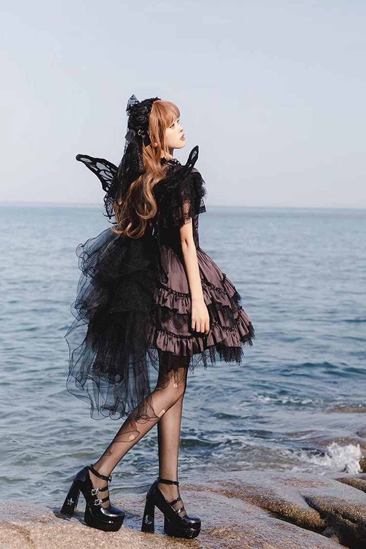 ブラック/パープル サイレント メロディー バレエ スタイル ホルター ボートネック 半袖 ゴシック ロリータ ドレス