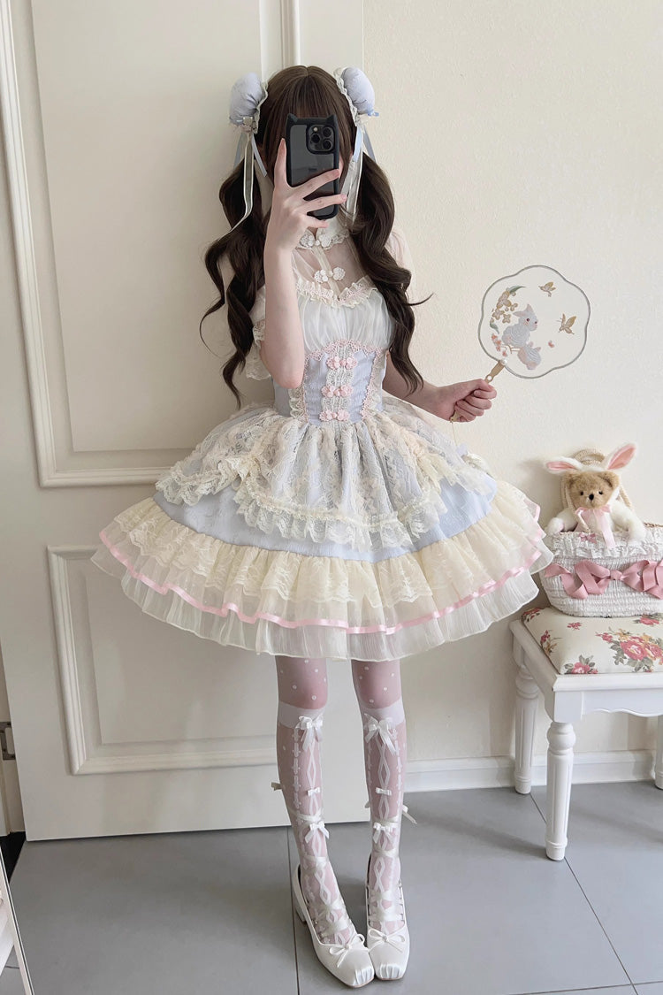Neckholder-Kleid mit Blumenknospen-Print und Rüschenspitze, süßes Lolita-JSK-Kleid im chinesischen Ballettstil, 3 Farben