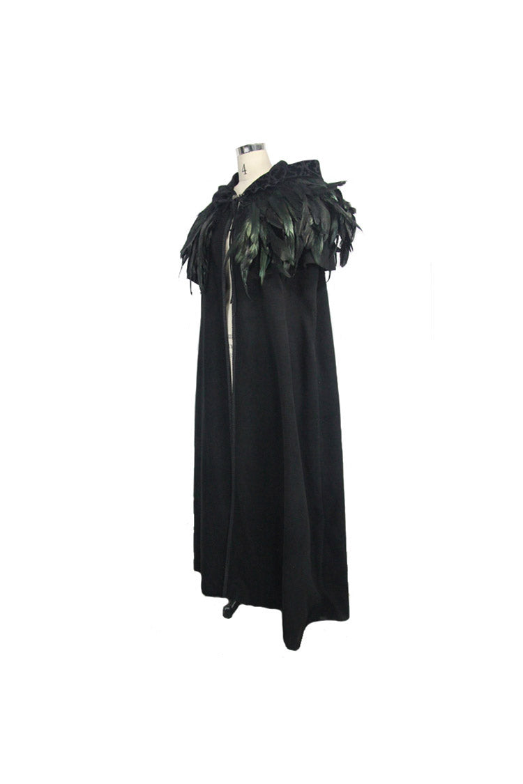 Black Detachable Feather 3D Ribbons Decorated Woollen Hooded Women's Gothic Cape