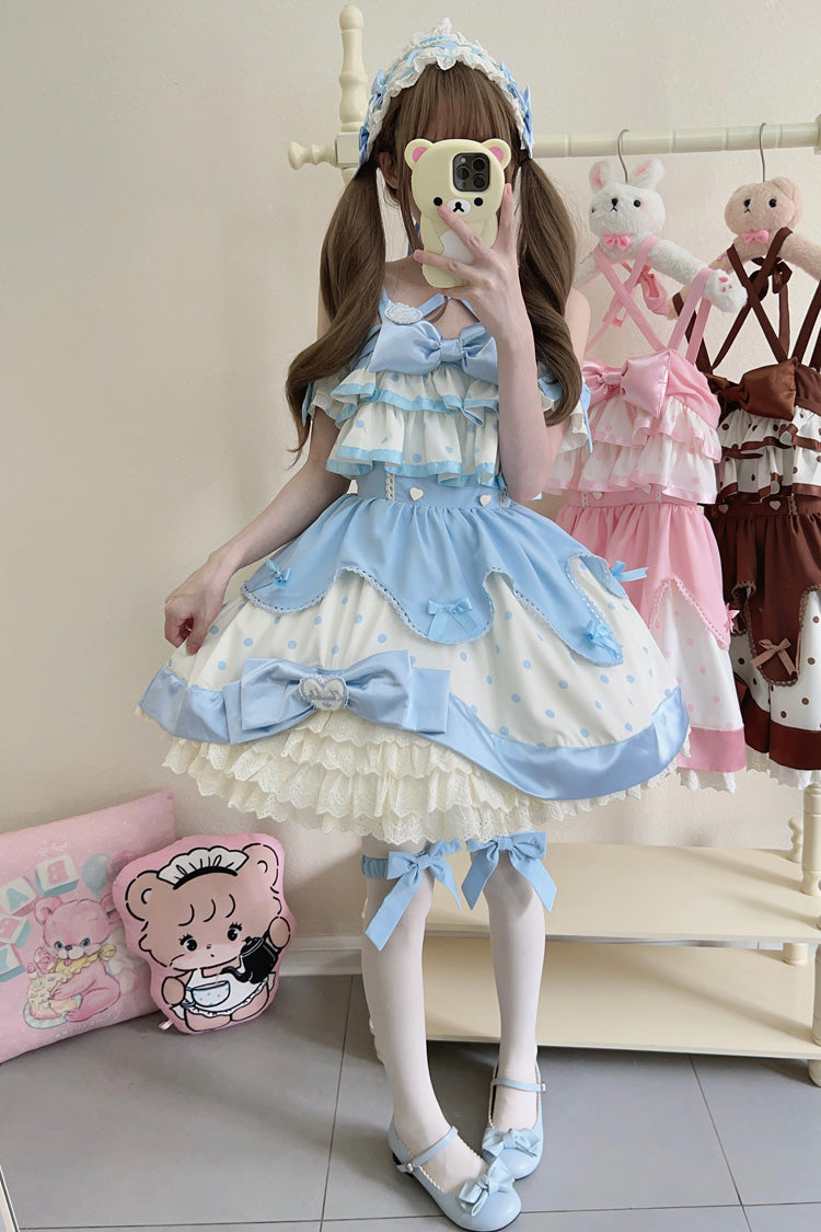 Blue Cream Multi-Layered Polka Dots Print Ruffle Bowknot Sweet Lolita Jsk Dress
