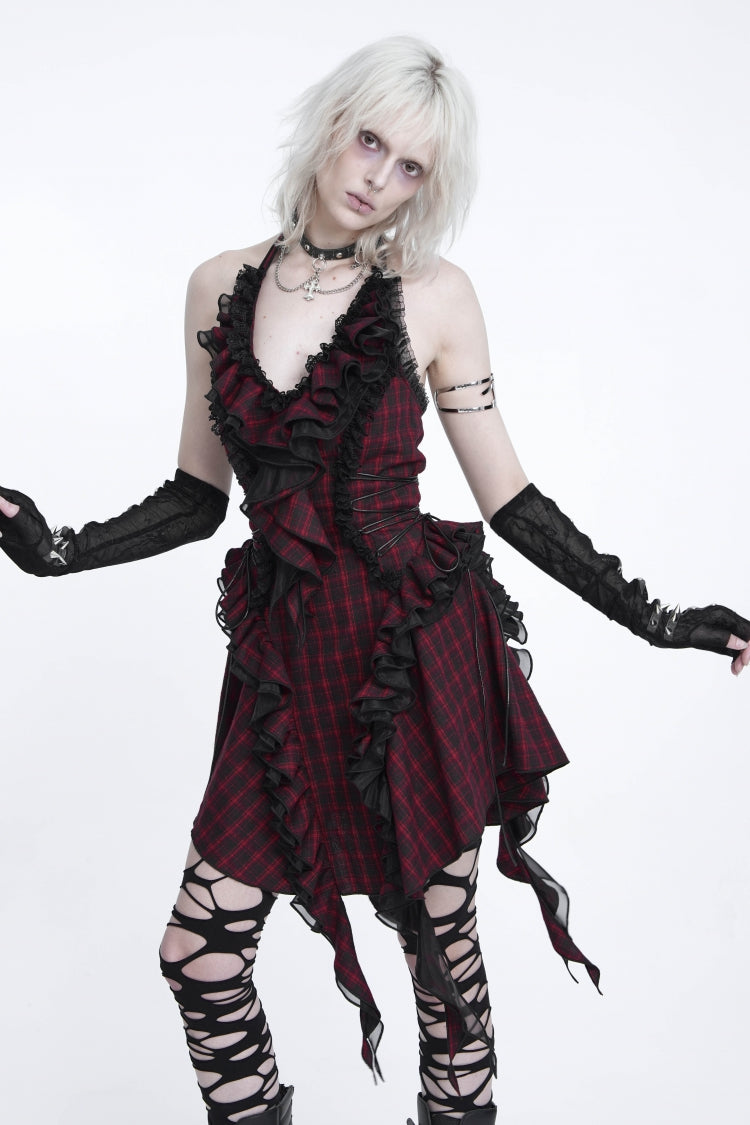 Red Off Shoulder Ruffled Lace-Up Slim Fit Zippered Pleated Women's Gothic Preppy Style Dress Graduation Dress