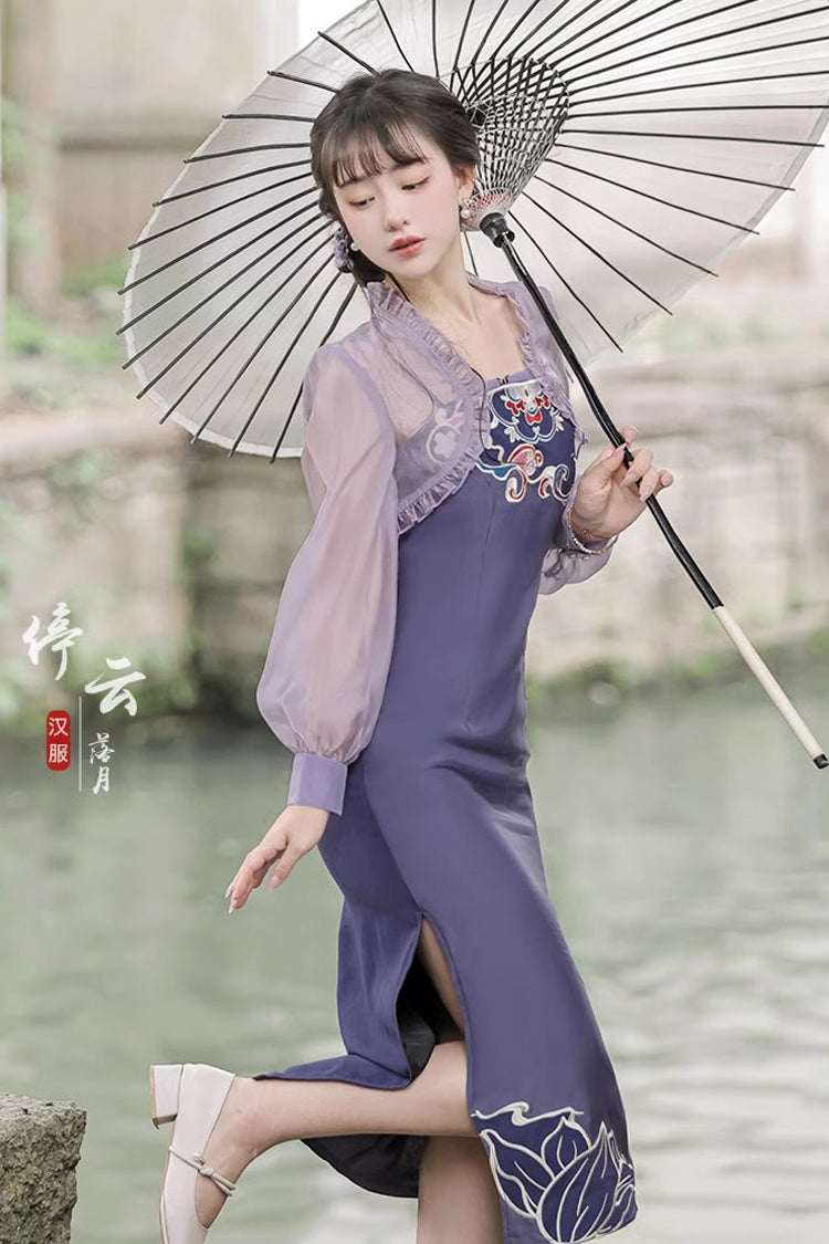 紫色のレトロな胸刺繍漢要素サスペンダーマント付き甘い漢服ドレス