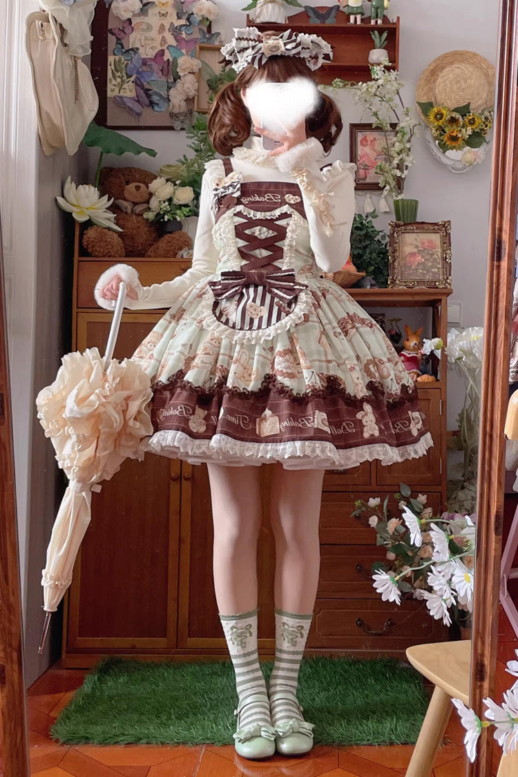 [Doll Tea Party] Sleeveless Print Ruffle Bowknot Lace-Up Sweet Lolita Jsk Dress 3 Colors