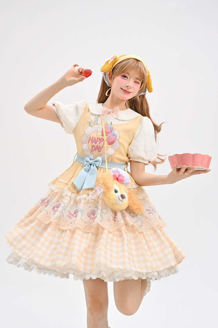 Yellow [Happy Day] Short Sleeves Triple-Layered Print Bowknot Lace Sweet Princess Lolita Dress