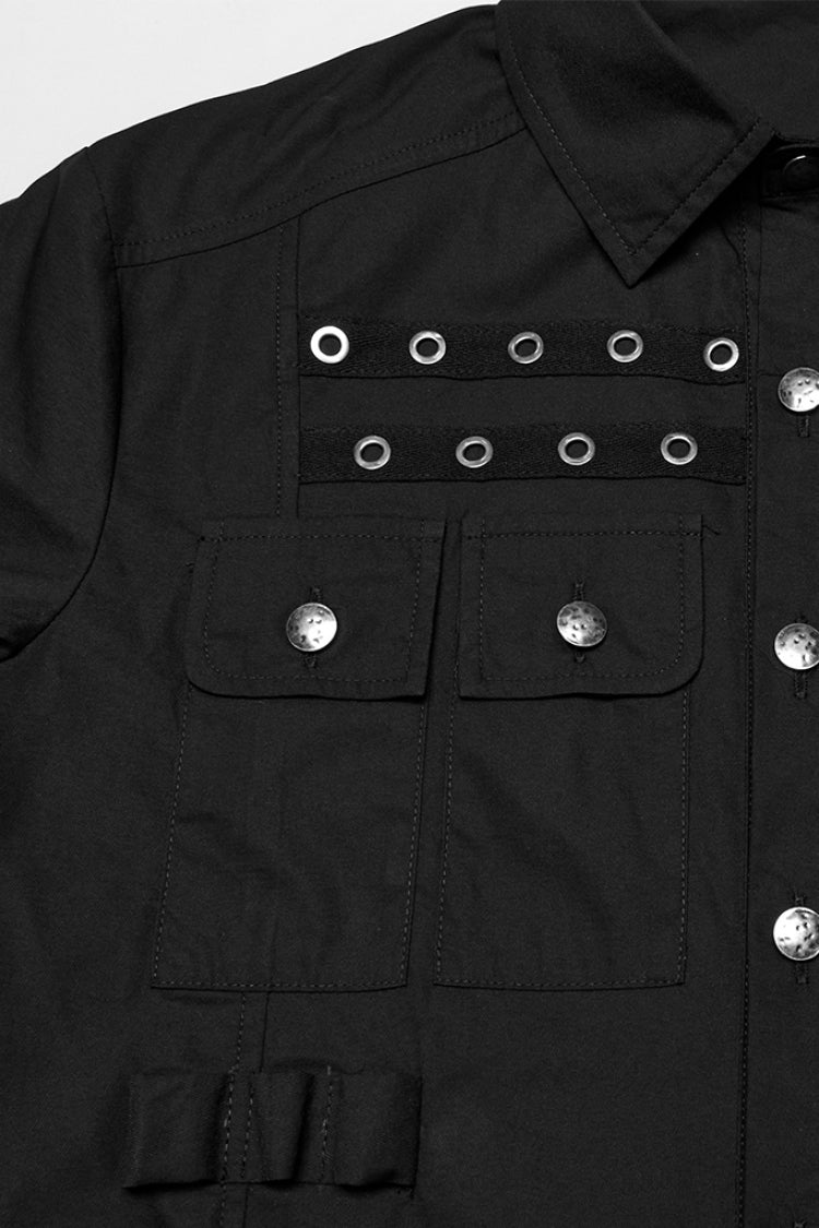 Schwarze Bluse mit Reverskragen, kurzen Ärmeln, Tasche und Ösen im Punk-Stil für Herren 