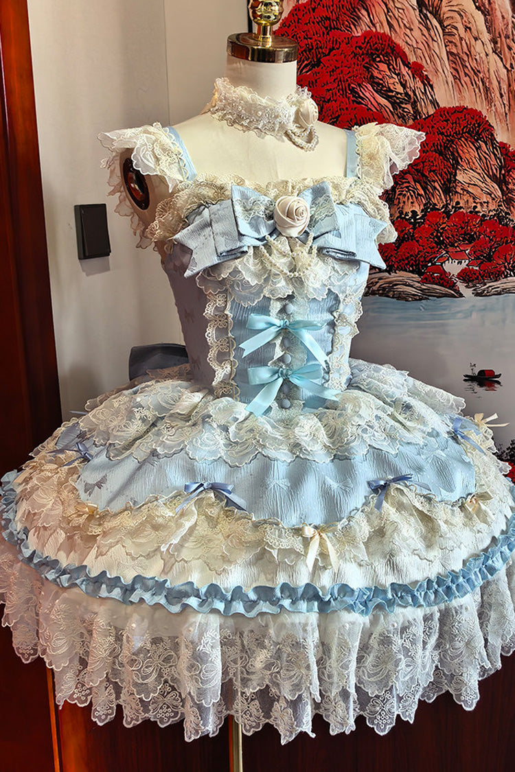 Robe bleue [Rose Feather Romance] Col carré à volants et nœud en dentelle Ballet Sweet Lolita Jsk