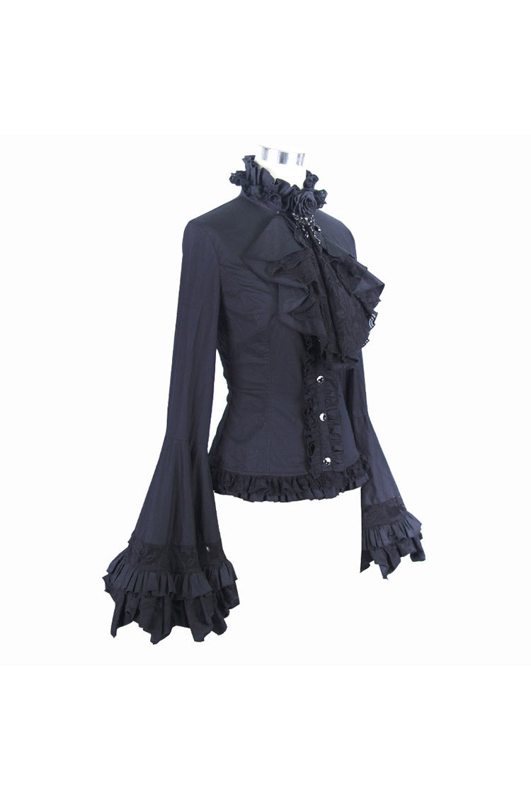 Schwarze Vintage Rüschen mit Trompetenärmeln Damen Punk Blusen