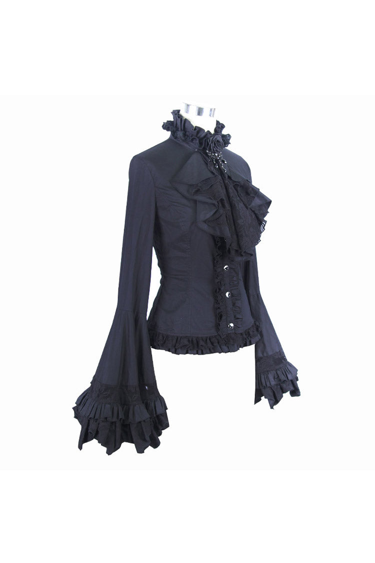 Black Vintage Ruffled With Trumpet Sleeves Women's Punk Blouses