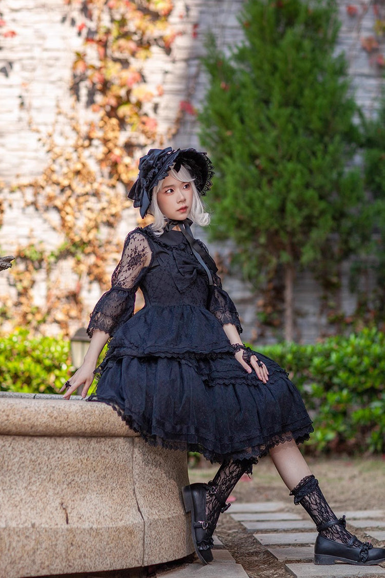 Black Solid Color Tower of Dawn Bowknot Sleeveless Ruffle Gothic Lolita Dress