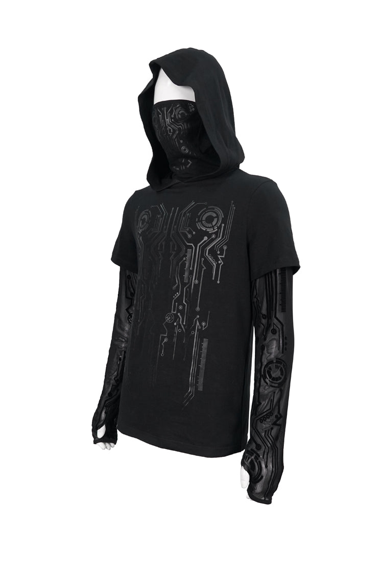 ブラックパネルメッシュ長袖スーパーハイカラーマスク回路図プリントフード付きニットメンズパンクTシャツ
