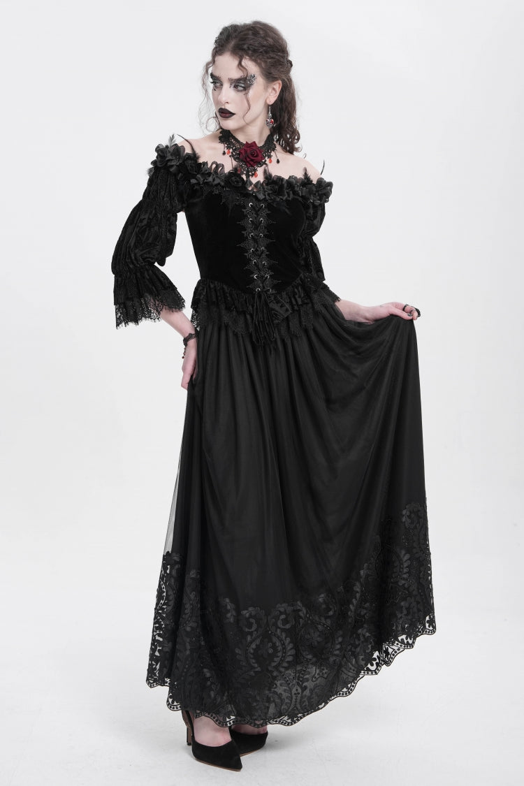 Black Stitching Floral Mesh Women's Gothic Skirt