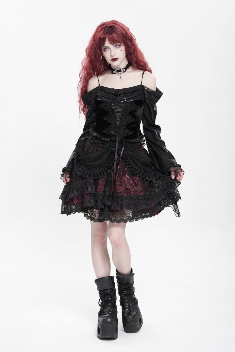 Black/Red Multi-Layered Ruffle Buckle Straps Women's Gothic Skirt