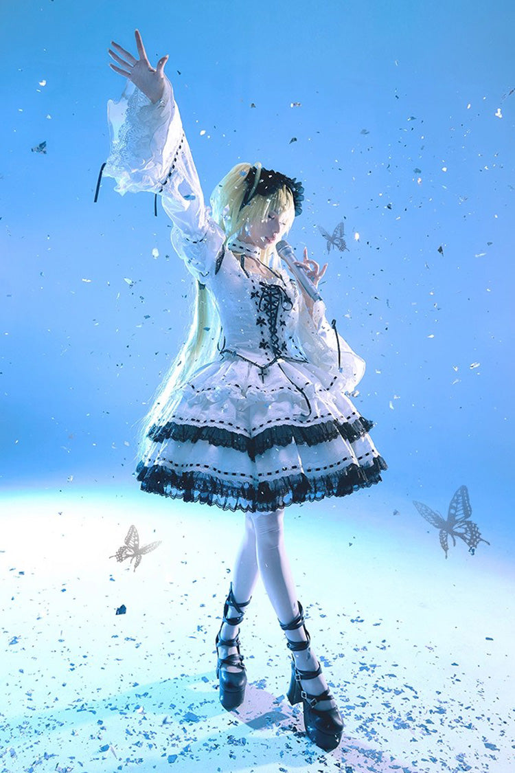 White [Witch] Long Trumpet Sleeves Double-Layered Ruffle Bowknot Lace-Up Gothic Lolita Skirt Dress Set