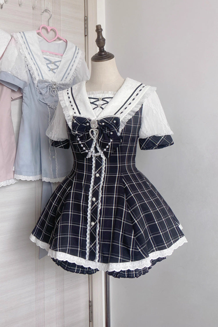 Sweet Short Sleeves Print Bowknot Jirai Kei Japanese Dress Set 3 Colors