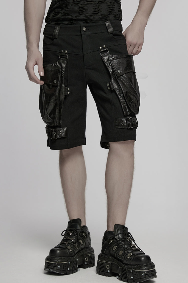 Black Big-pocket Faux Leather Stitching Men's Punk Shorts