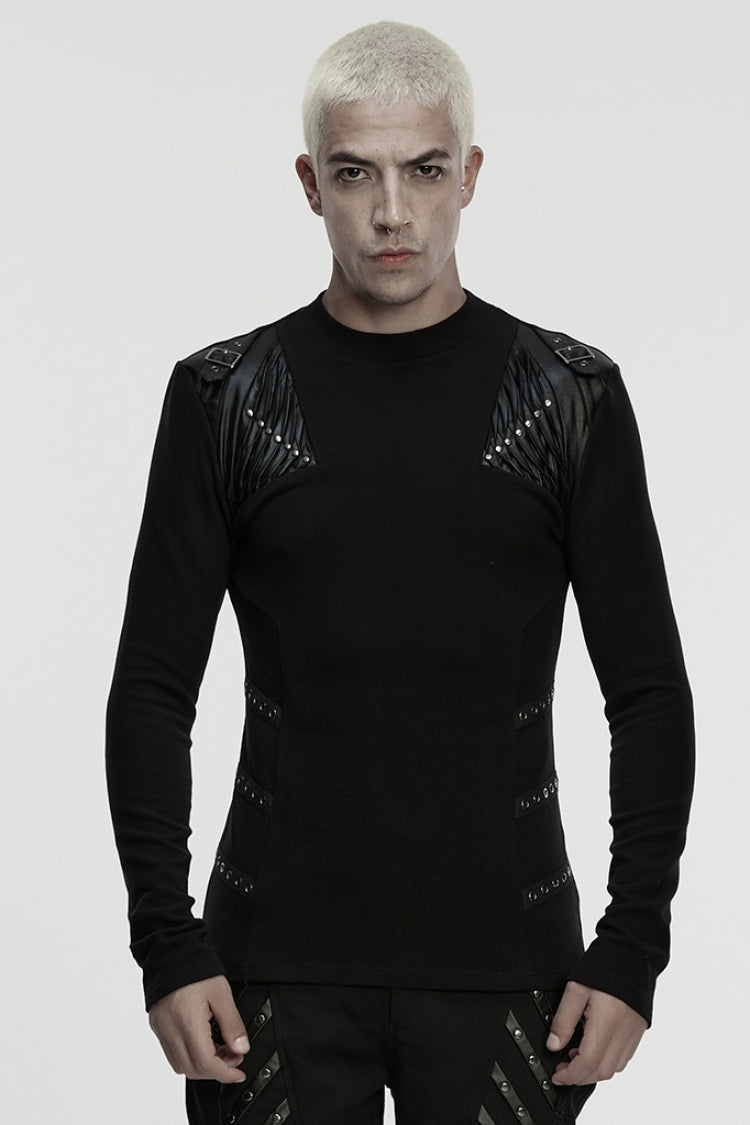 ブラック ラウンド カラー ロング スリーブ バックル ストラップ プリーツ アイレット メンズ パンク トップ