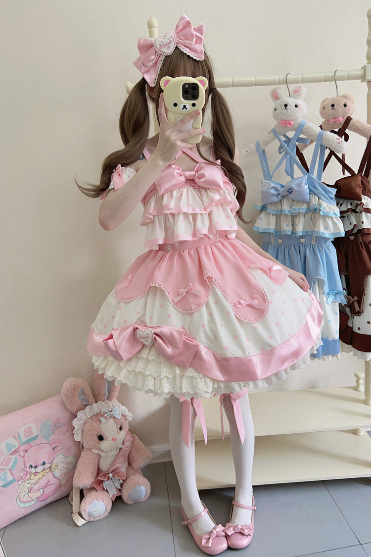 Pink Cream Multi-Layered Polka Dots Print Ruffle Bowknot Sweet Lolita Jsk Dress