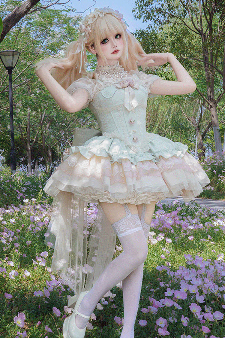 Green Sleeveless Multi-Layered Ruffle Bowknot Lace Lace-Up Sweet Princess Lolita Jsk Dress