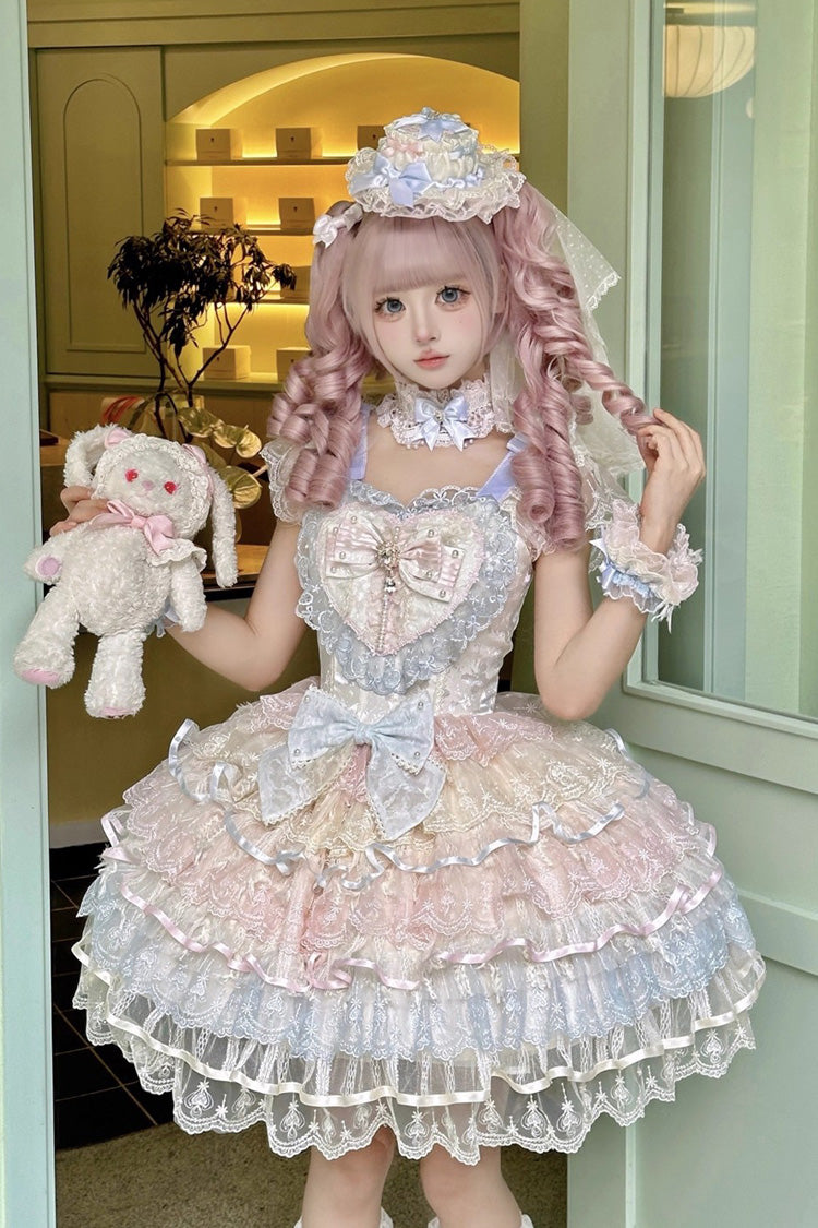 虹色の羽 [羽のバラード] ノースリーブ多層フリル花嫁リボン結びスイートロリータジャンパースカートドレス 