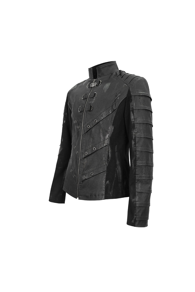 Black Stand Collar Stretch Faux Leather Twill Woven Men's Punk Jacket