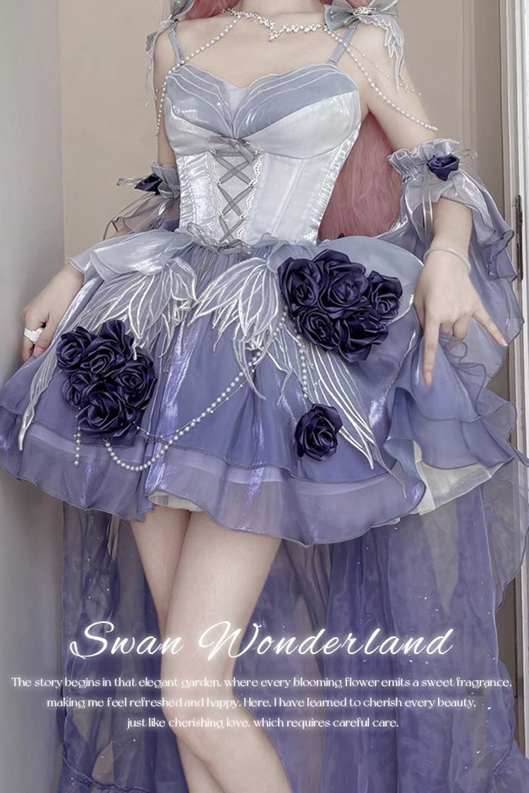Misty Purple [Swan Wonderland] Embroidery Bowknot Lace-Up Sweet Ballet Lolita Jsk Dress Short Version