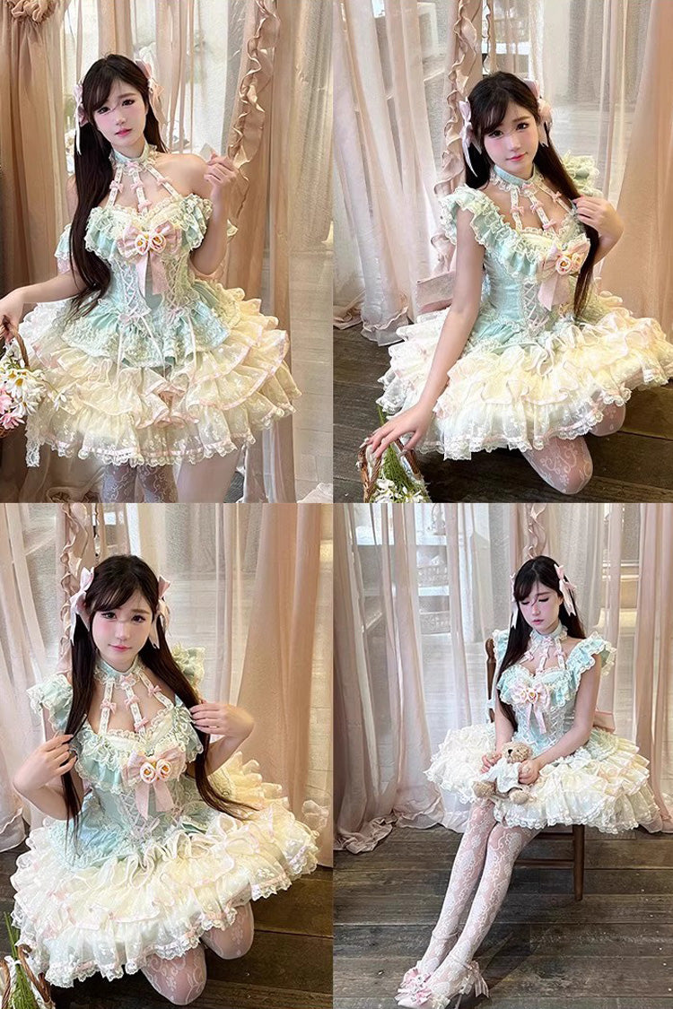 Green [Flower Language of Eros] Halterneck Multi-Layered Ruffle Bowknot Rose Lace Lace-Up Sweet Ballet Lolita Jsk Dress