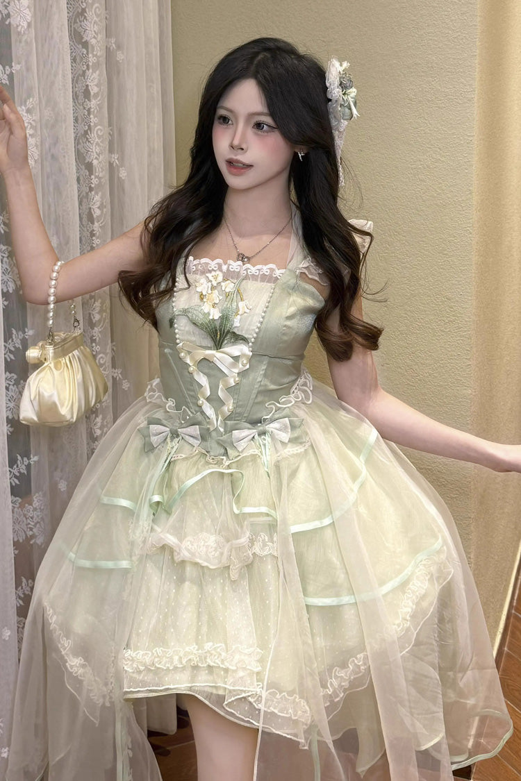 Green [Lily of the Valley Summer] Polka Dot Print Ruffle Bowknot Lace-Up Sweet Princess Lolita Jsk Dress