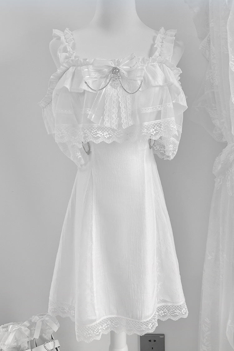 White [Pear Moon] Ruffle Bowknot Lace Jirai Kei Japanese Dress