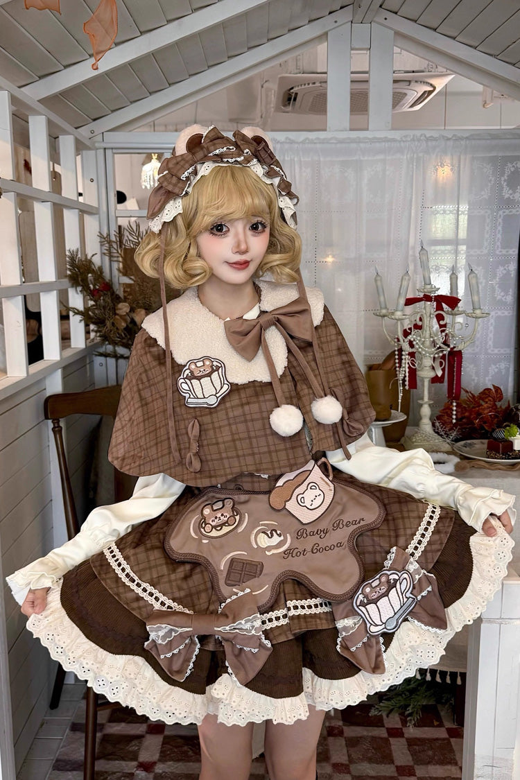 Brown [Hot Cocoa Little Bear] Sleeveless Print Ruffle Bowknot Lace Sweet Lolita Jsk Dress