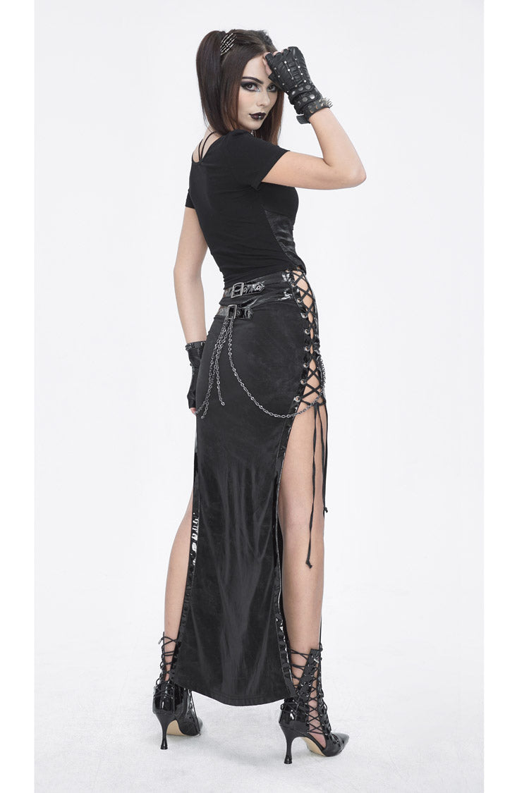 Black High Waisted Side Slit Slim Women's Steampunk Skirt