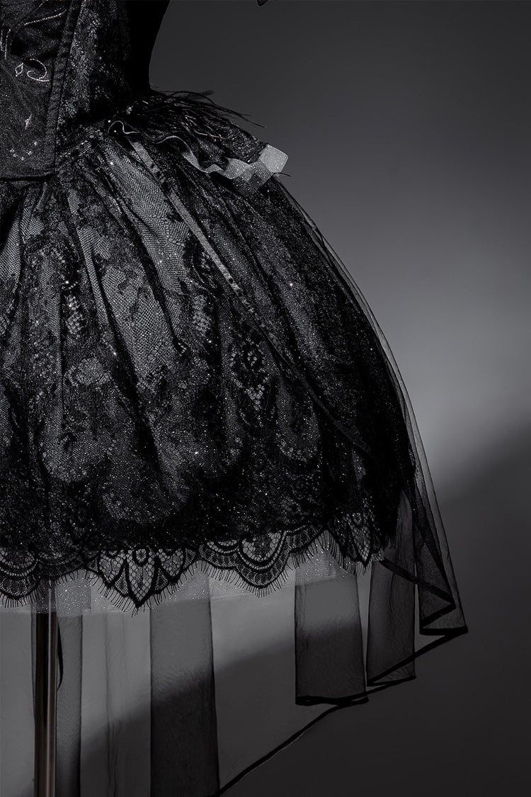 Robe Jsk Lolita Gothique Noire [Star Swan Dream] à Volants avec Broderie, Nœud Papillon et Dentelle 