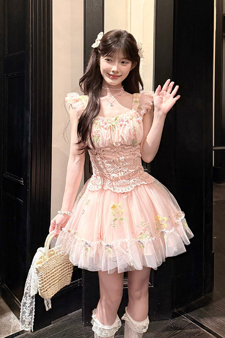 Robe rose [Framboise Sweetheart] col carré manches flottantes nœud brodé à volants robe douce Lolita Jsk