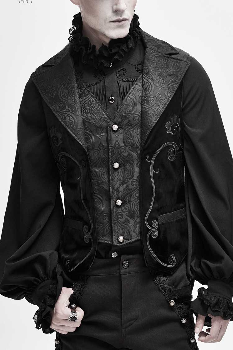 Black Fake Two Piece Leather Embroidered Swallow Tail Hem Men's Gothic Waistcoat